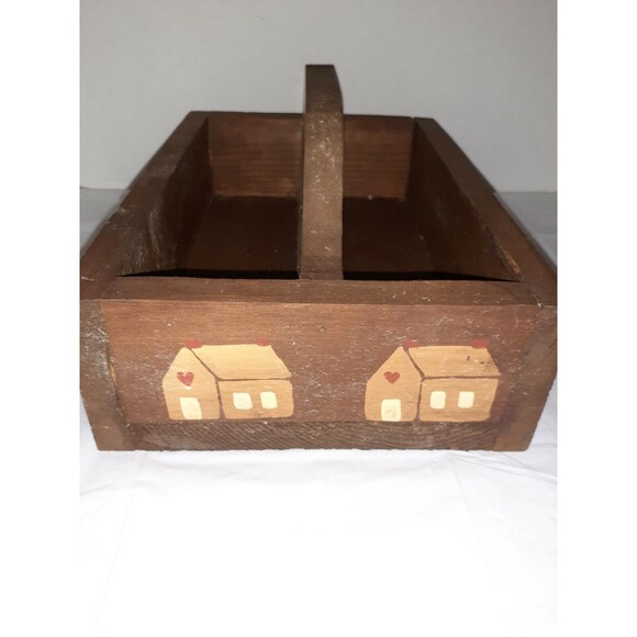 Vtg 1980's Boho Handmade Rustic Solid Wood Rectangle Caddy Tote Brown Painted - Picture 4 of 11